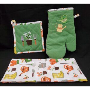 diva Kitchen OVEN MITT, HOT PAD, DISH TOWEL gardening flowerpot water can design